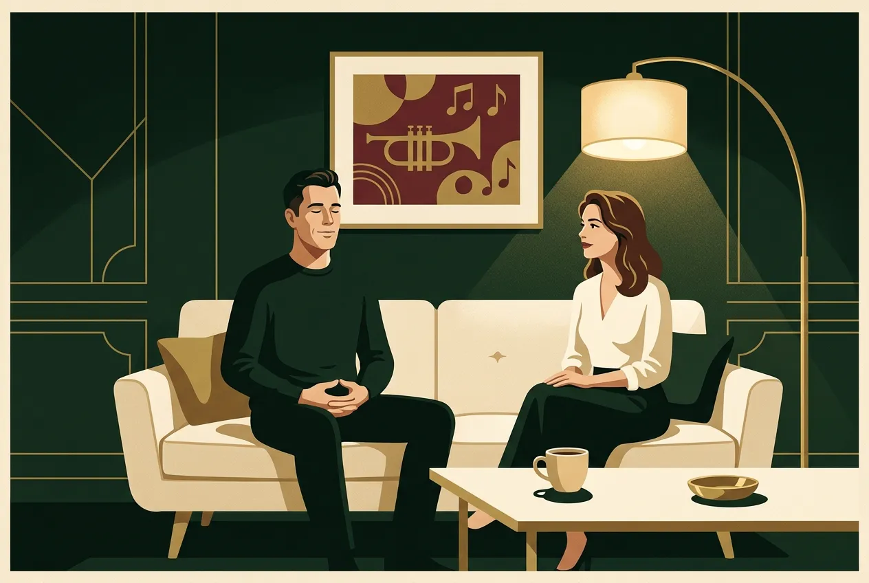 A man calming everyday anxiety on a cream sofa while a woman listens — brass lamp, deep green room.
