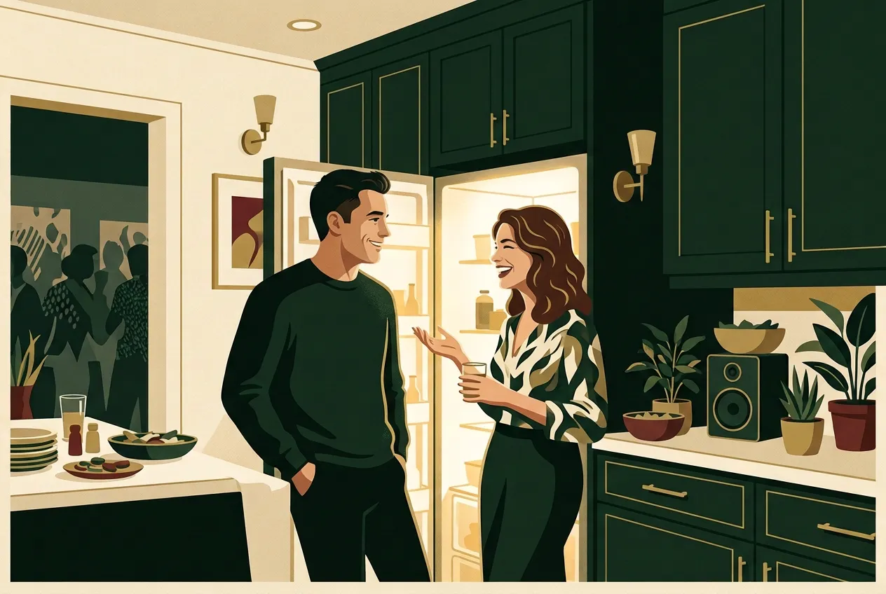 A man landing a light joke at a kitchen party while a woman laughs — warm brass light, forest green.