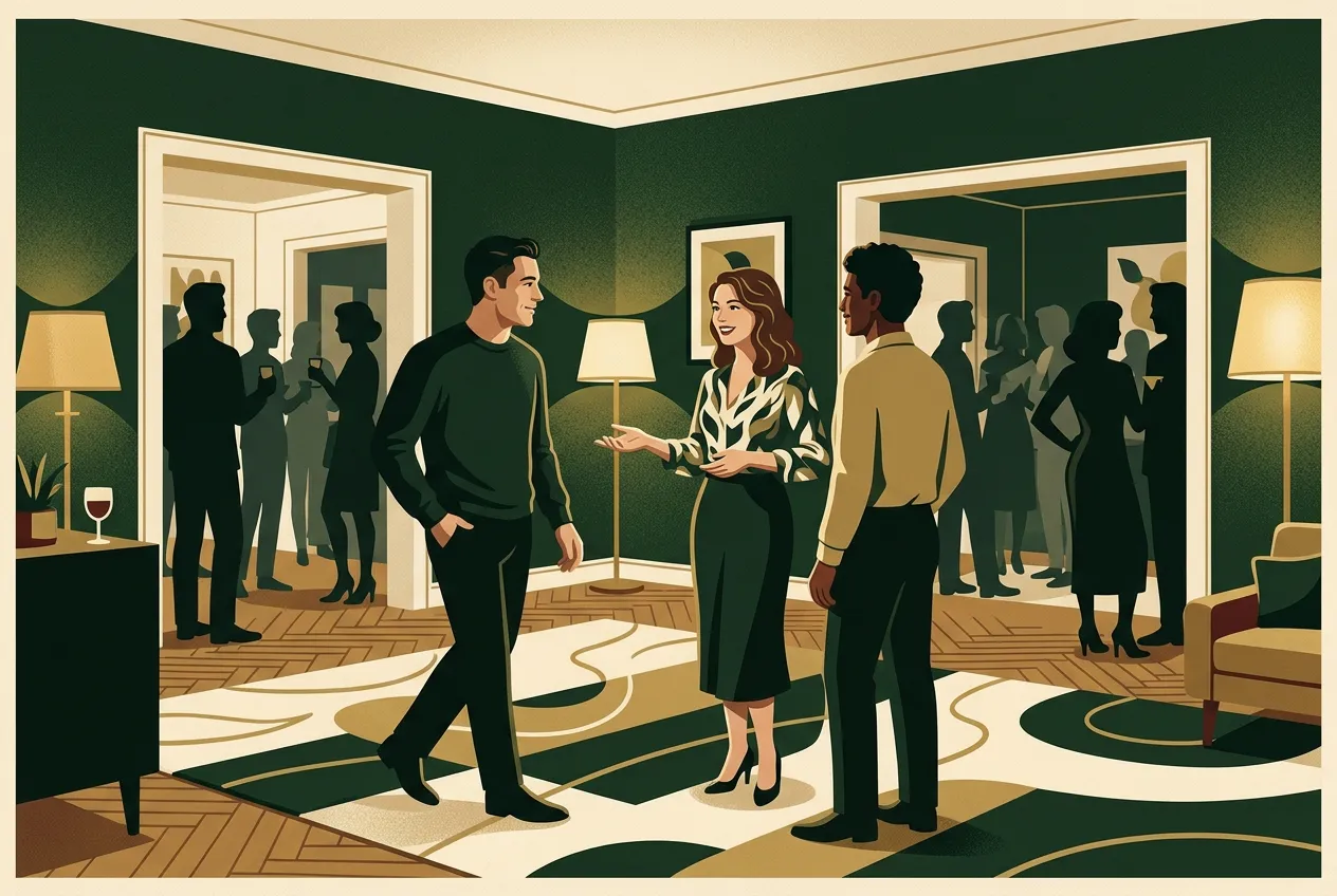 A man joining a social circle at a warm party — forest green room, brass light, open body language.