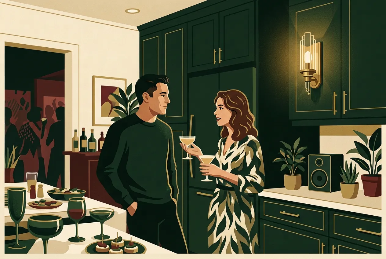 A man listening hard in conversation with a woman at a cocktail party — brass light, forest green.