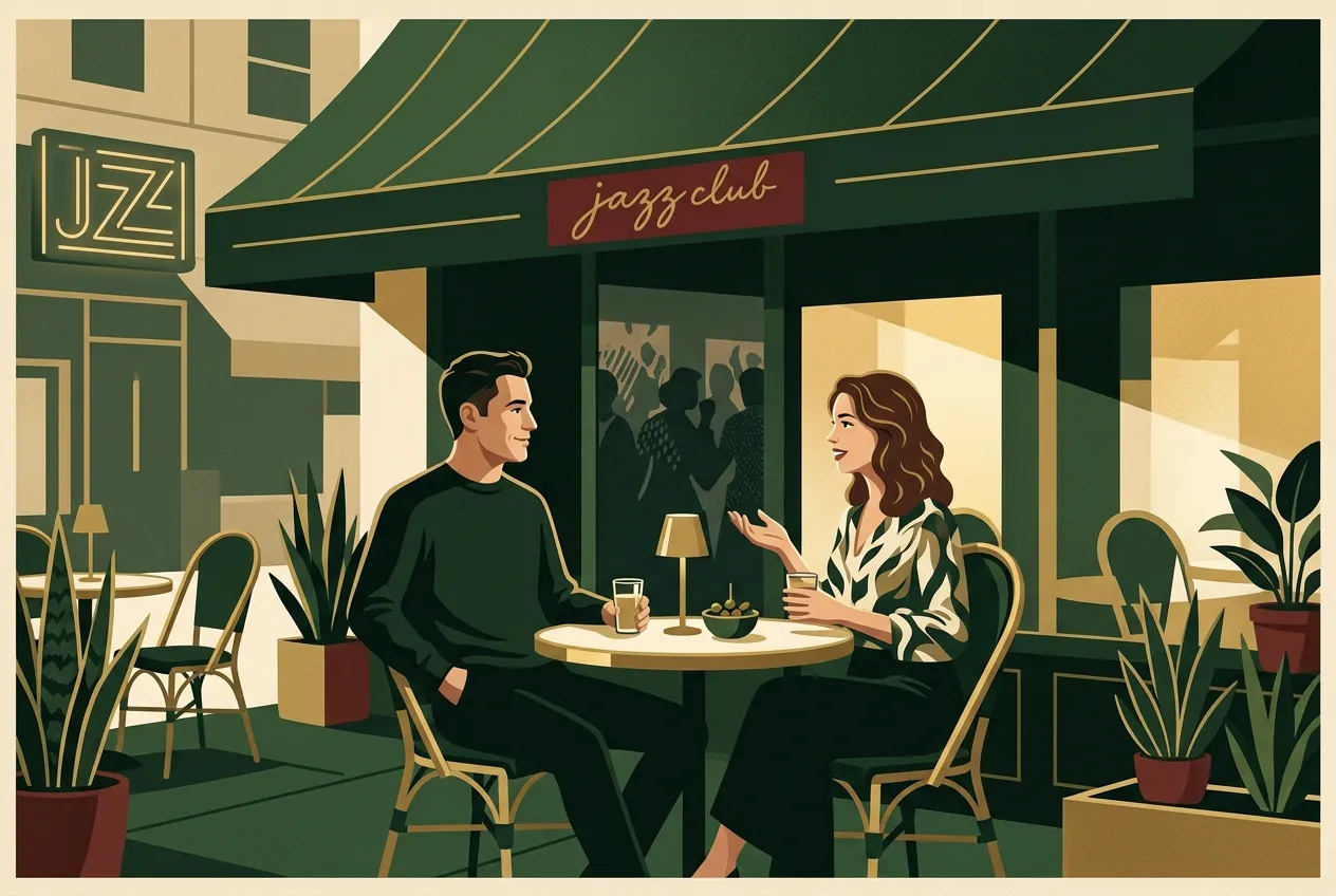A man at ease on a cafe date with a woman — abundance, not clinging, brass and forest green tones.