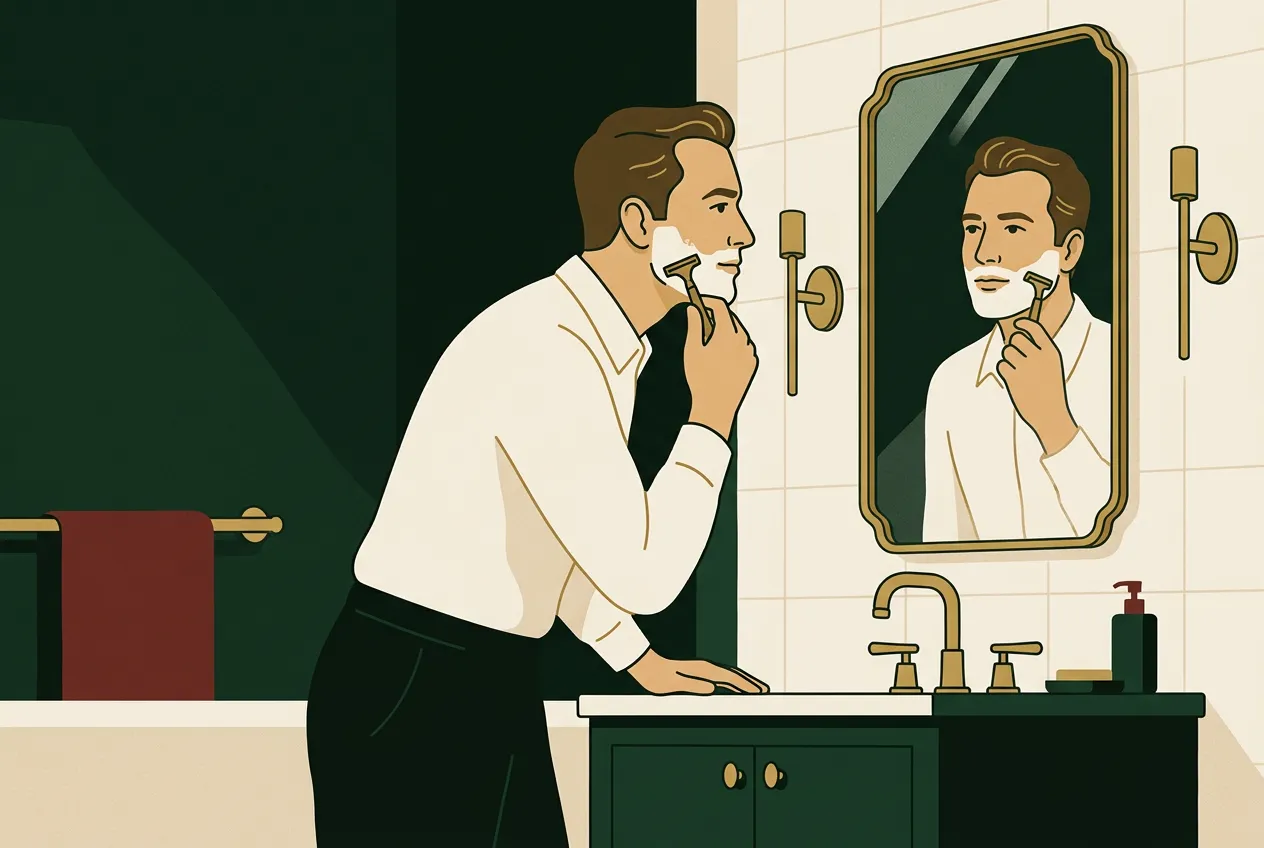A man at a bathroom mirror starting the day with grounded self-talk — brass fixtures, forest green.