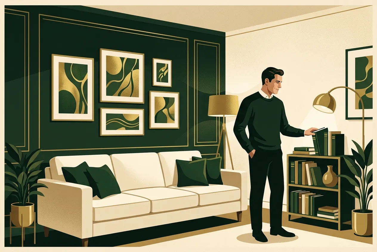 A man styling a host-ready living room — cream sofa, forest green wall, brass lamp.