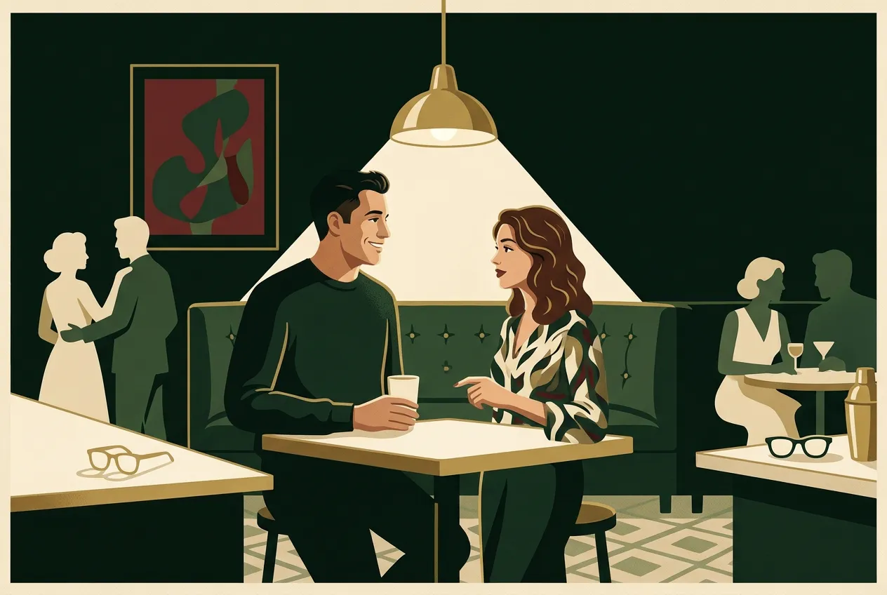 A man and a woman at a forest-green booth, leaning in over cream glasses under brass light — interest without pickup theater.