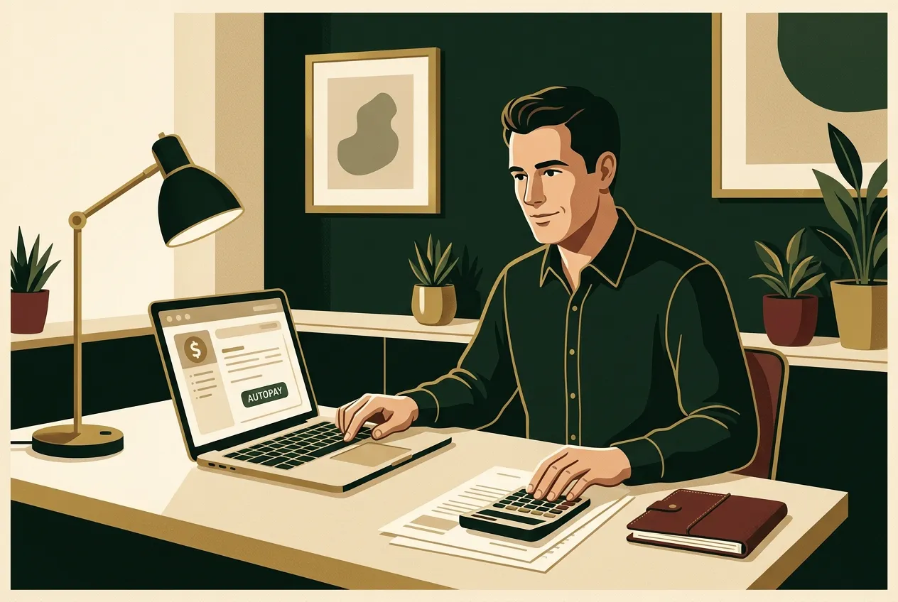 A man automating bills at a calm desk — forest green wall, brass lamp, no frantic energy.