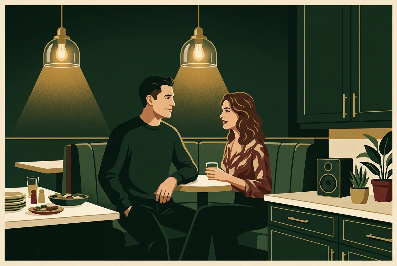 A man and woman at a bar — open posture, warmth, forest green booth and brass light.