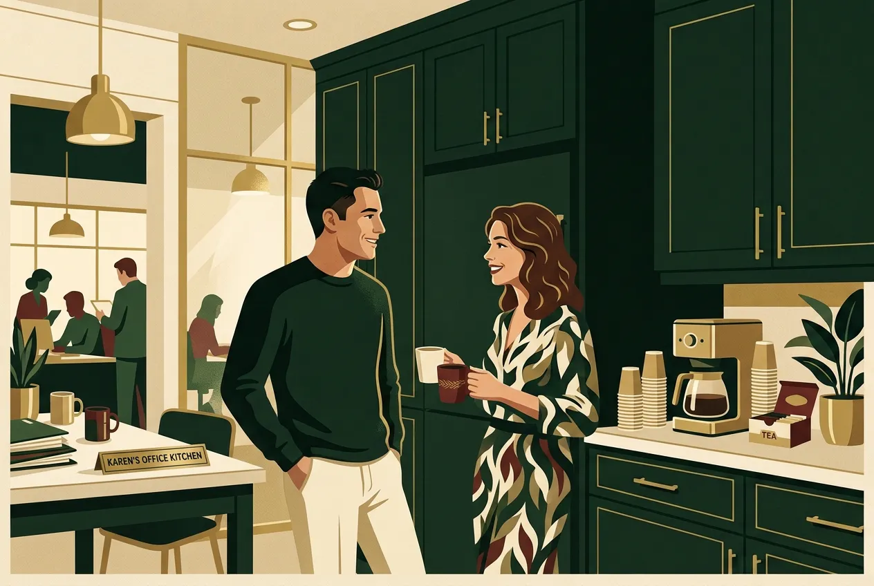 A man being warmly likable in an office kitchen conversation with a woman — brass and green.
