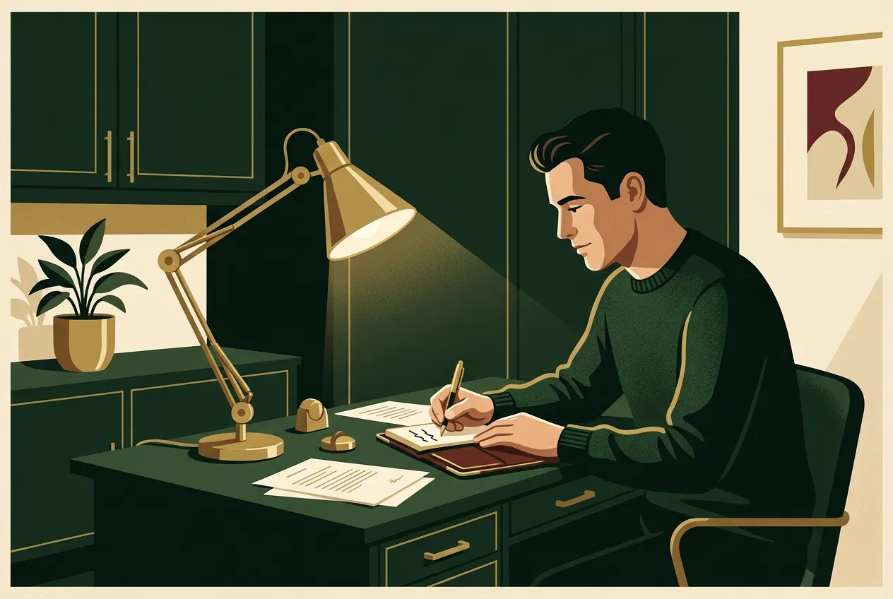 A man at a forest-green desk writing a short personal code in a leather notebook under a brass lamp — character as something you put on paper.
