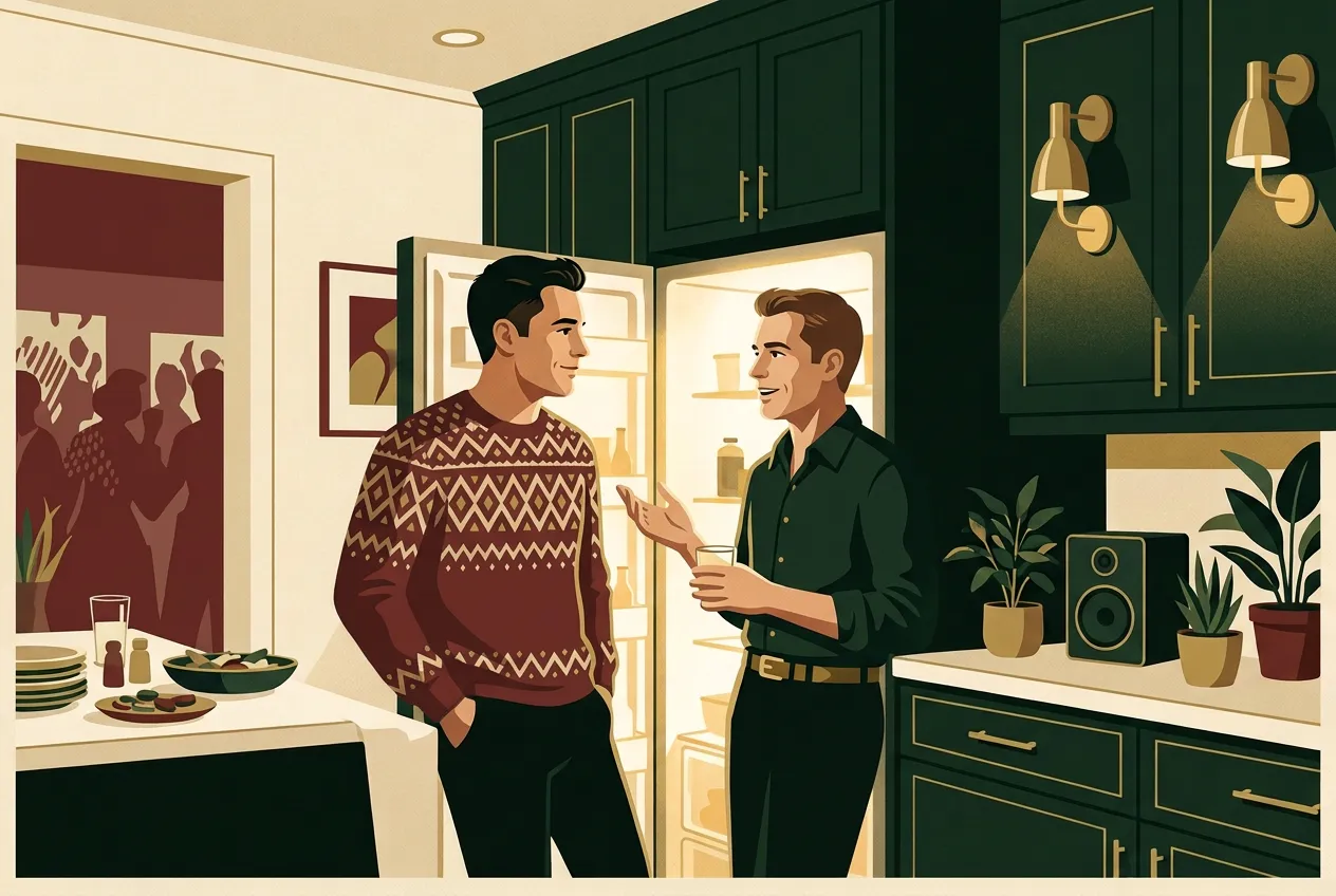 Two men in a warm forest-green kitchen, one listening and asking a follow-up — brass light, a conversation that is going somewhere.