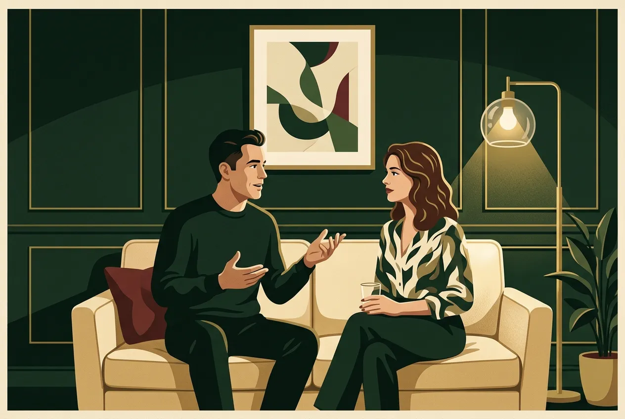 A man talking calmly with his girlfriend on a cream sofa — specific, not stonewalling.