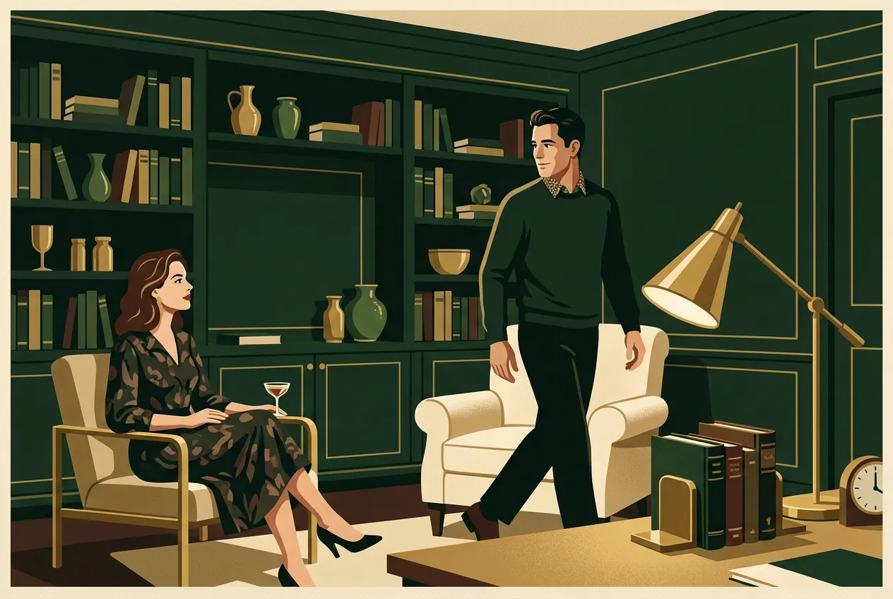 A man standing from a cream chair in a forest-green study, taking the first step while a woman looks on — brass lamp, composure before the feeling arrives.