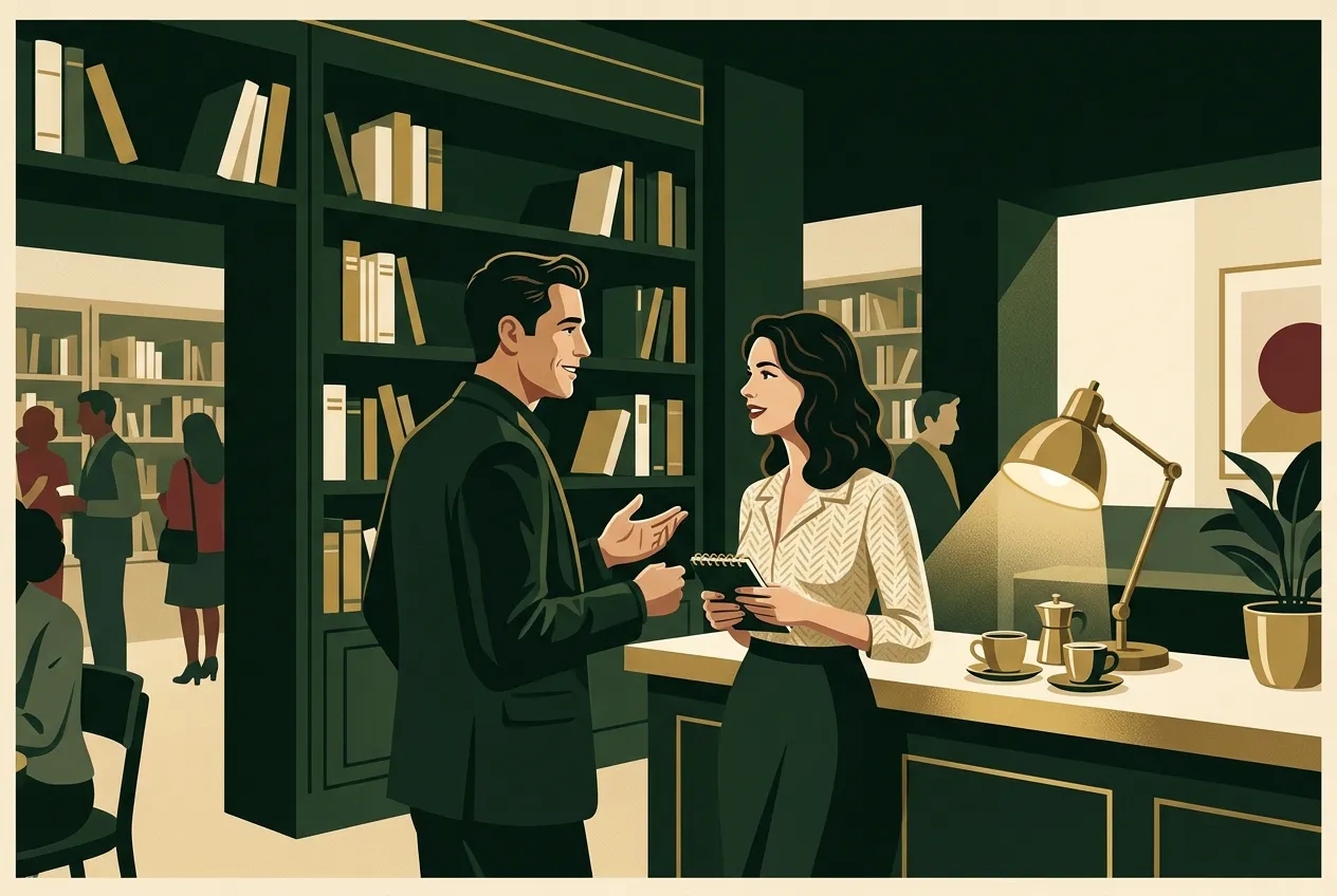 An introverted man asking a woman out in a quiet bookstore cafe — sincere, not loud.