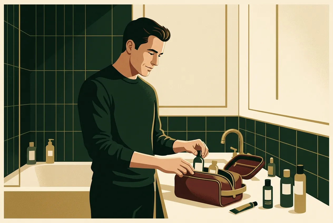 A man packing a leather dopp kit on a cream counter — forest green tile, brass faucet.