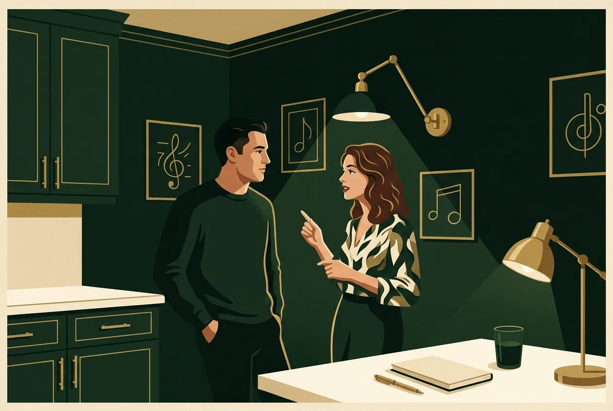 A man standing with his hands in his pockets while a woman speaks in a forest-green room — holding back the turn a lack of confidence costs.