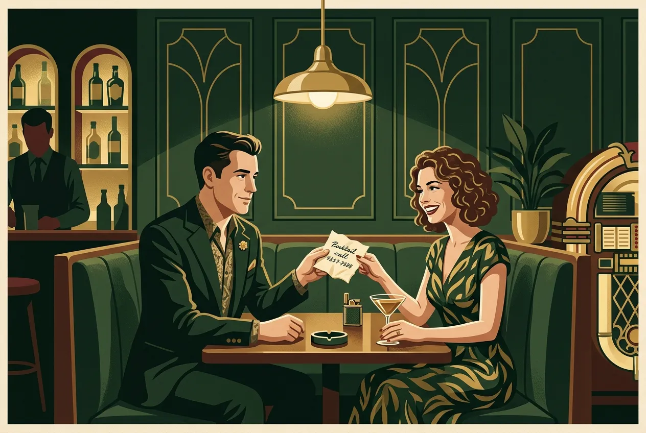 A man giving a woman his number at a bar — lighter ask, brass and forest green.