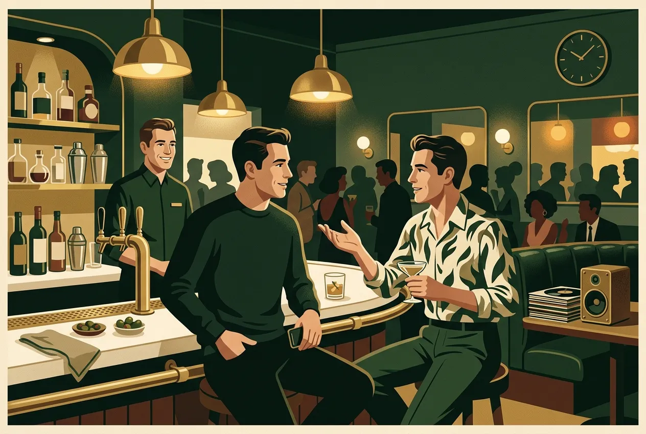 A man at a bar alone with his phone away — ready to talk, forest green and brass.