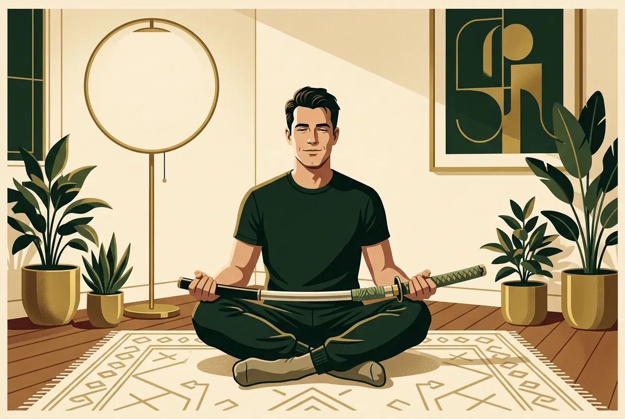 A modern man in socks meditating on an apartment rug with a katana across his lap — Hagakure taken seriously, not as cosplay.