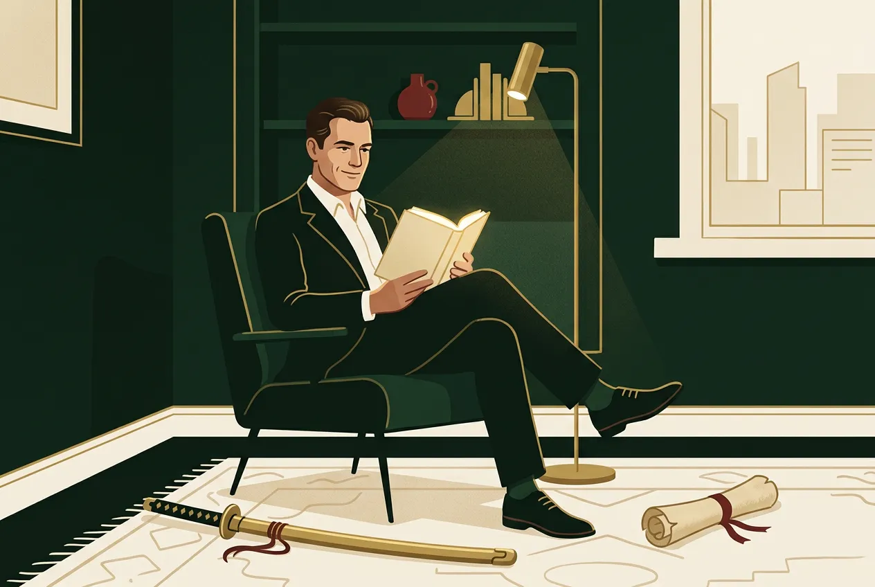 A man reading in a modern forest-green apartment with a katana and scroll on the cream rug — old kit in a 2026 room.