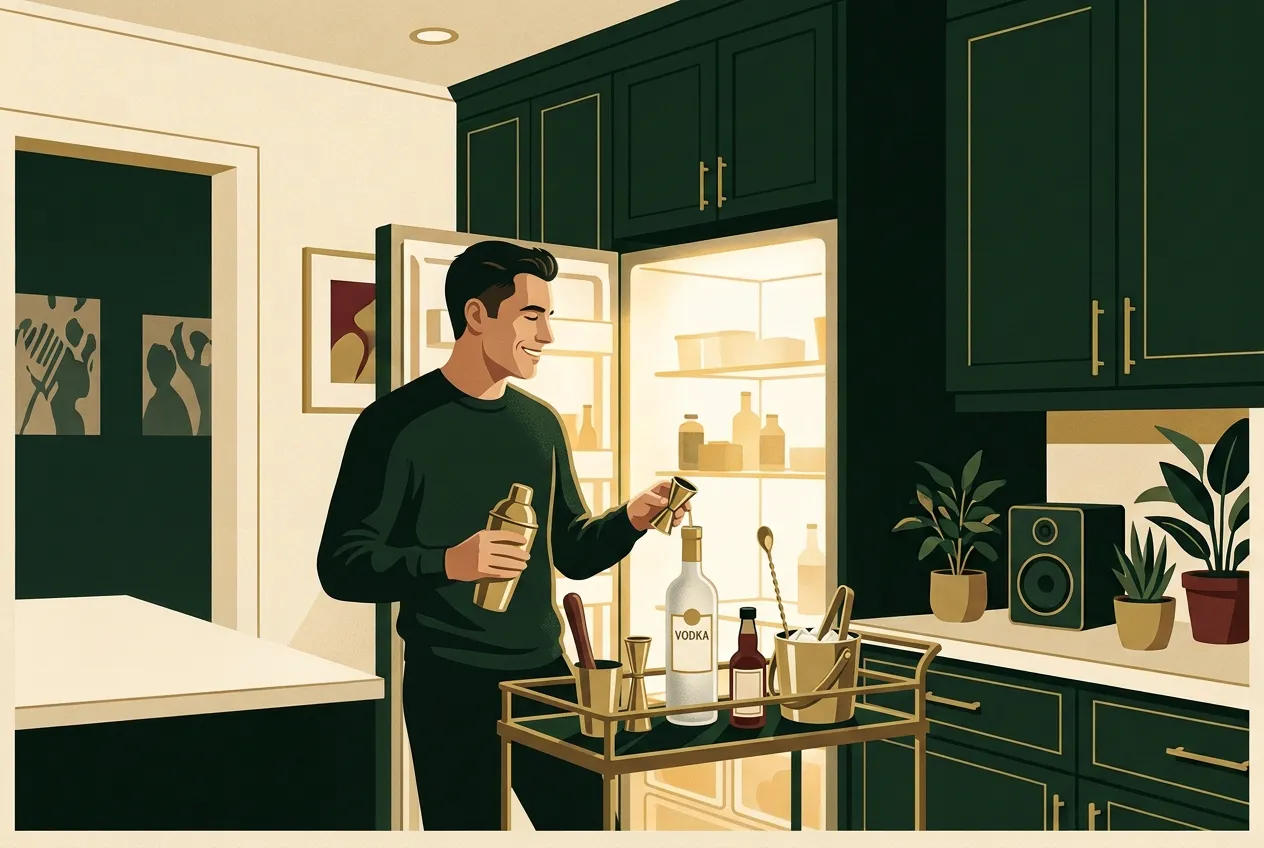 A man stocking a budget home bar cart — shaker, jigger, one spirit, brass accents.