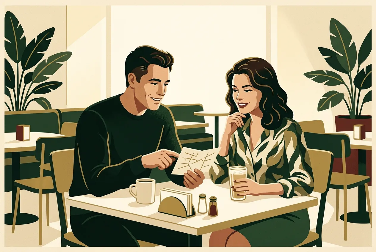 A man asking a woman out with a clear plan at a cafe — day, place, activity.