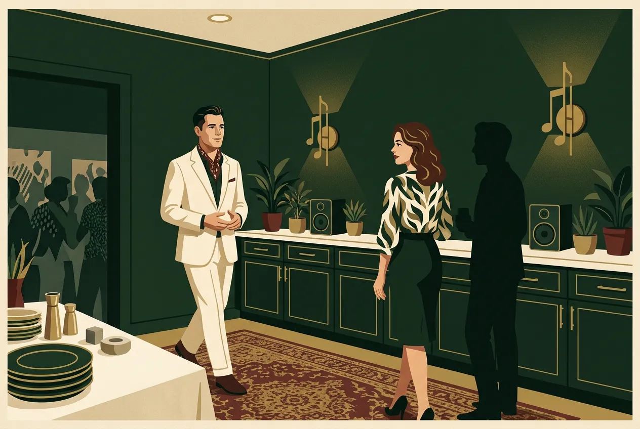 A man entering a room with open posture as a woman notices — attraction without pickup theater.