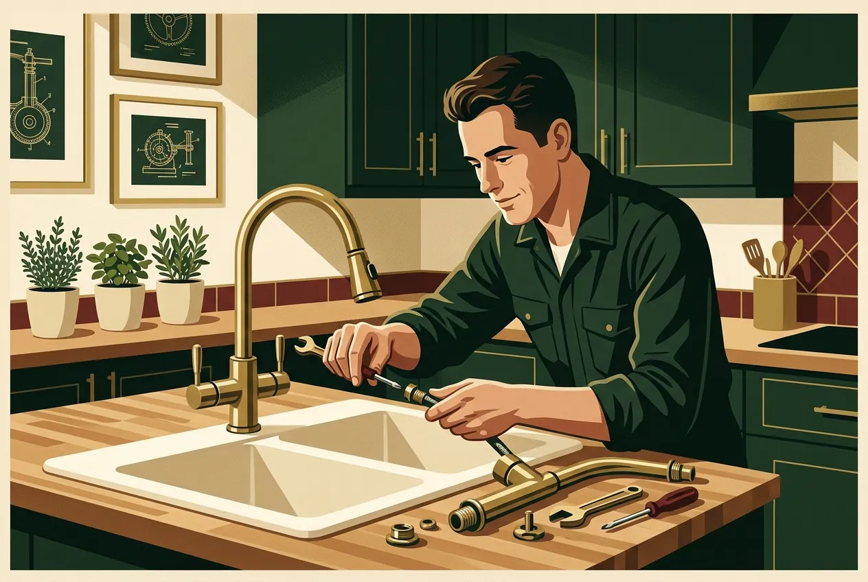 A man fixing a kitchen faucet — competence before confidence.