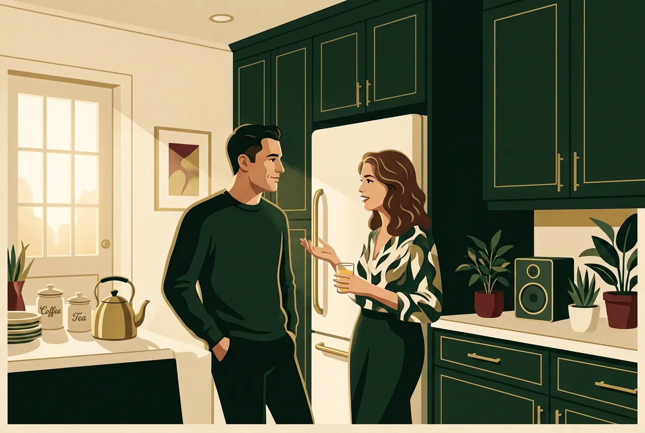 A man and woman sharing a present coffee moment — happiness as meaning plus pleasure.