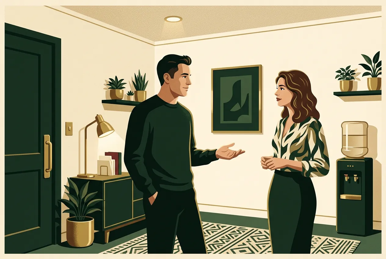 A man making a calm assertive ask in a quiet office side room.