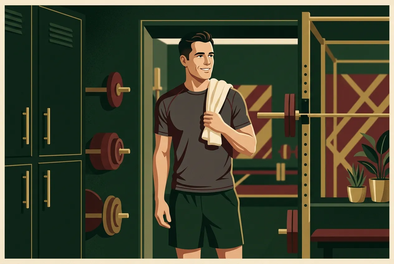 A man standing tall after a workout, with relaxed shoulders and a steady gaze.