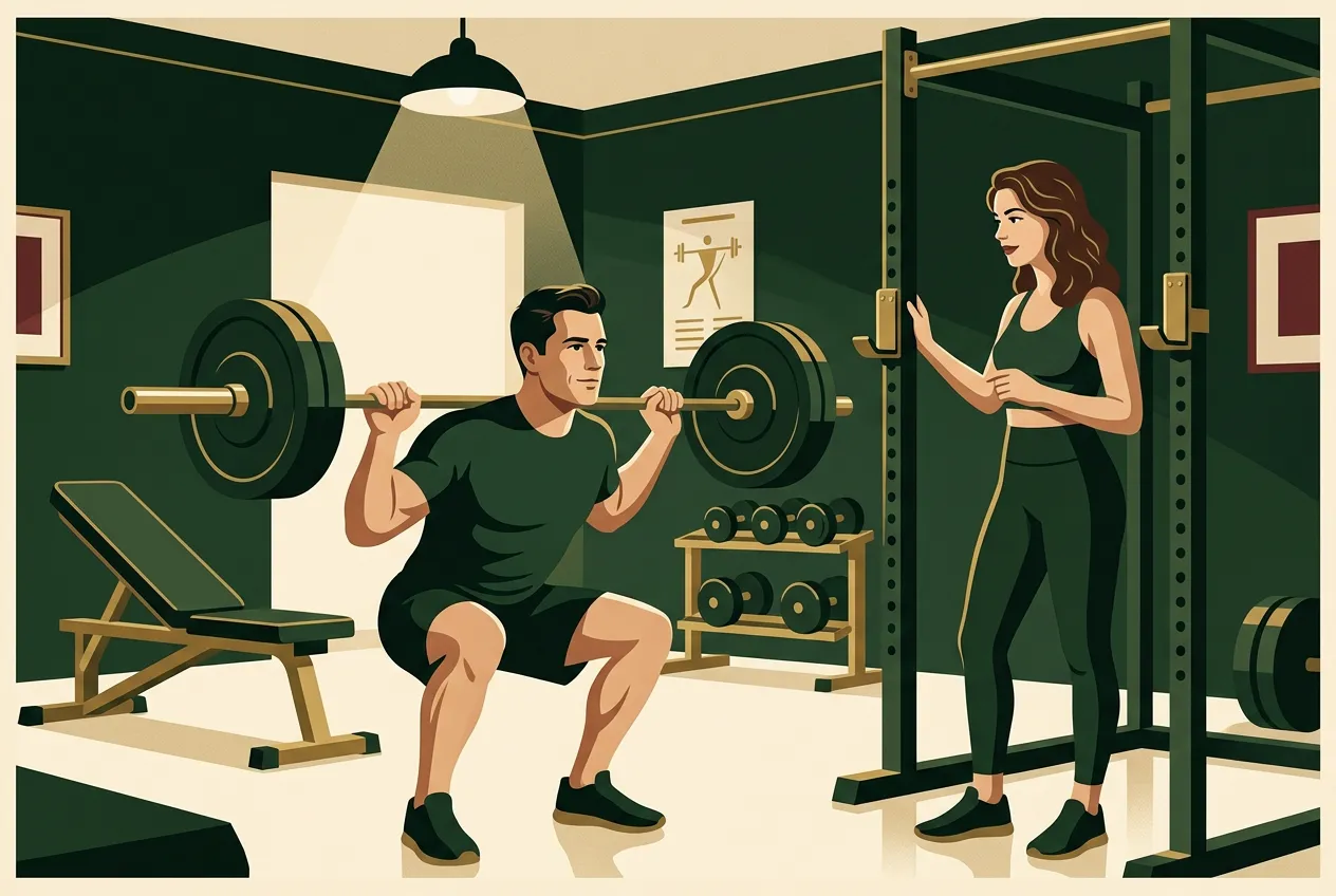A man training with focused competence — green and brass tones.