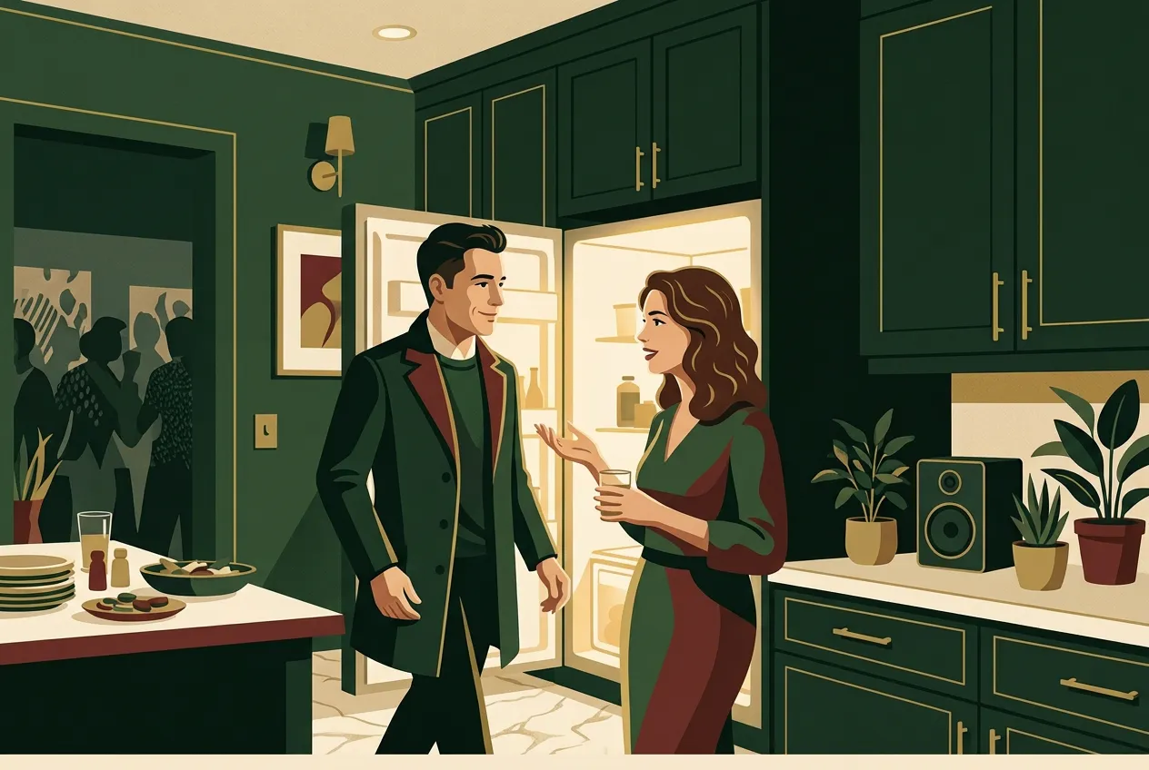 A suave man entering a room calmly as a woman notices — forest green and brass.