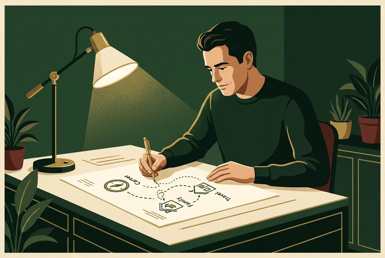 A man mapping a specific life he wants at a calm desk — inner confidence as story plus action.