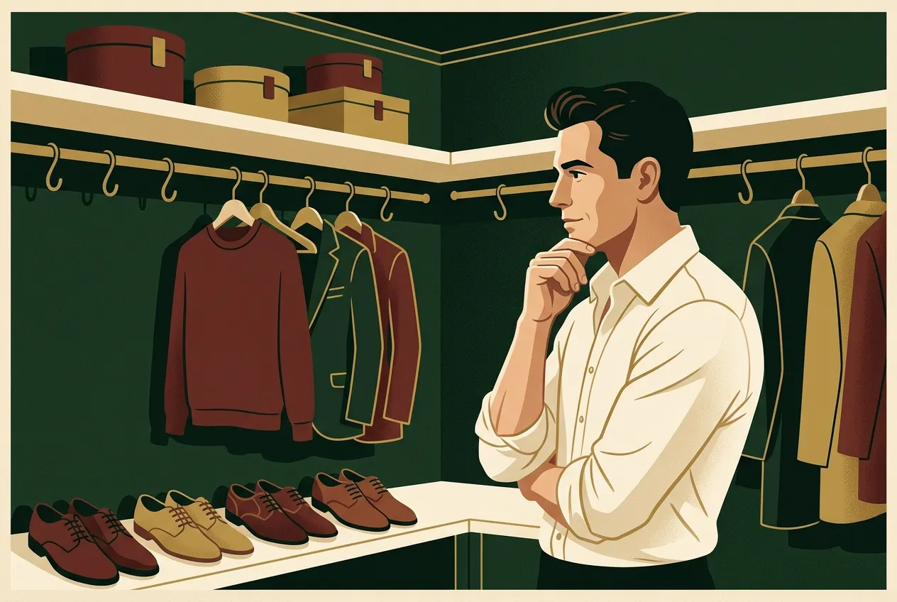 A man choosing a fitted casual outfit at the closet — fit first, forest green and brass.