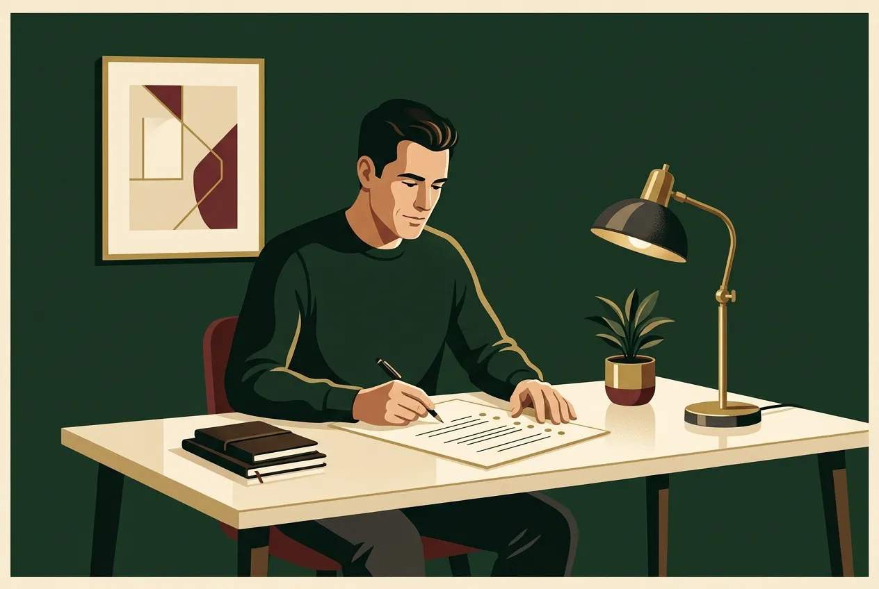 A man mapping purpose on paper at a brass-lit desk — build it, don't wait for it.