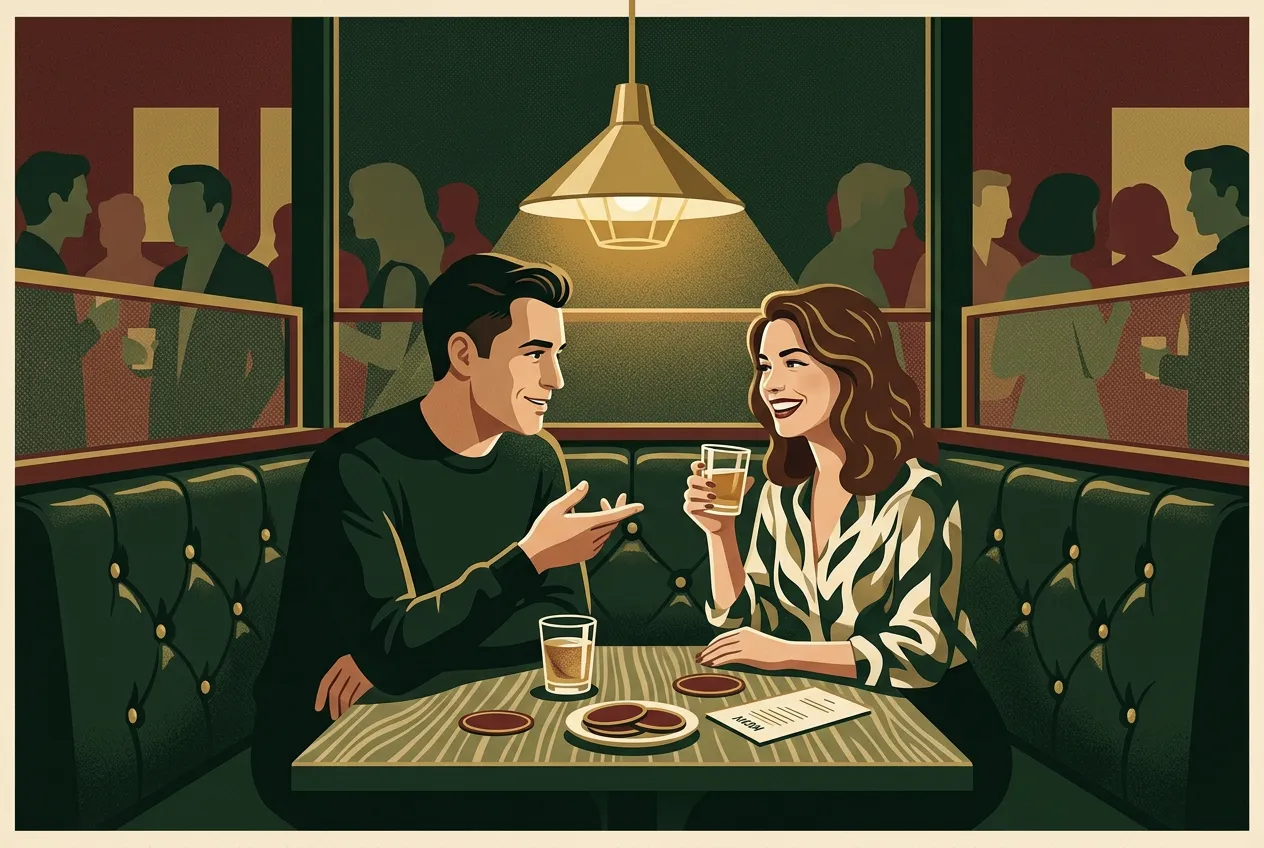 A man flirting lightly with a woman at a bar booth — playful, not creepy.
