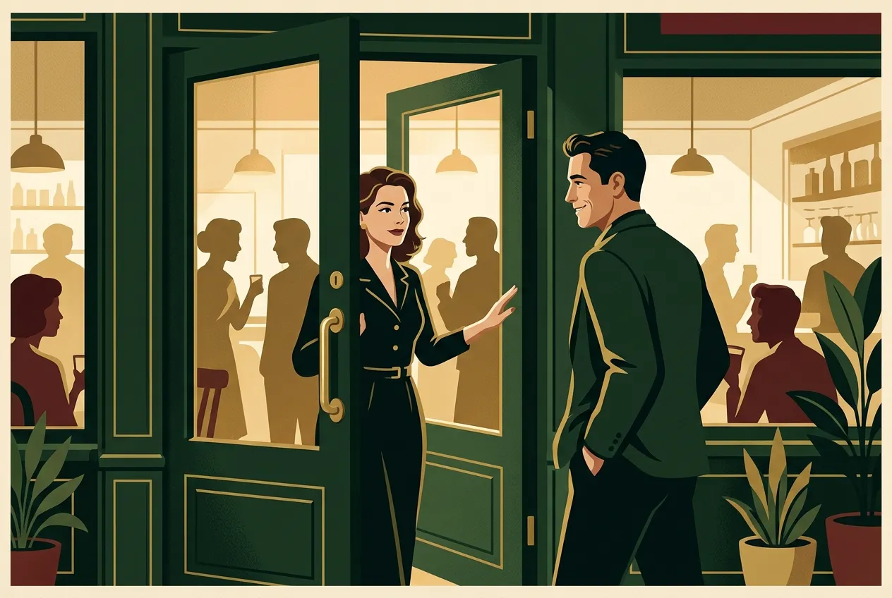 A man leaving warmly after a polite no at a cafe — poise after rejection.