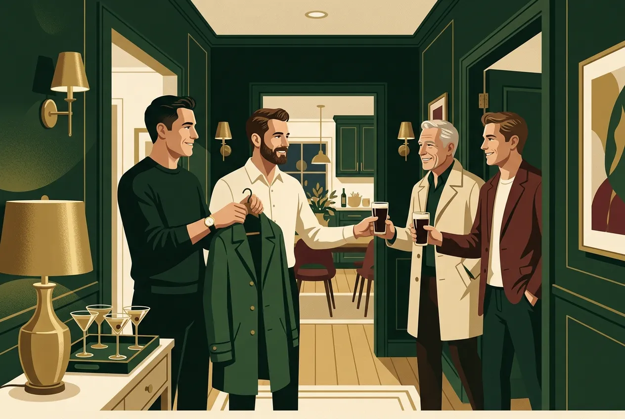 A man hosting friends at the door — small house party, forest green and brass.