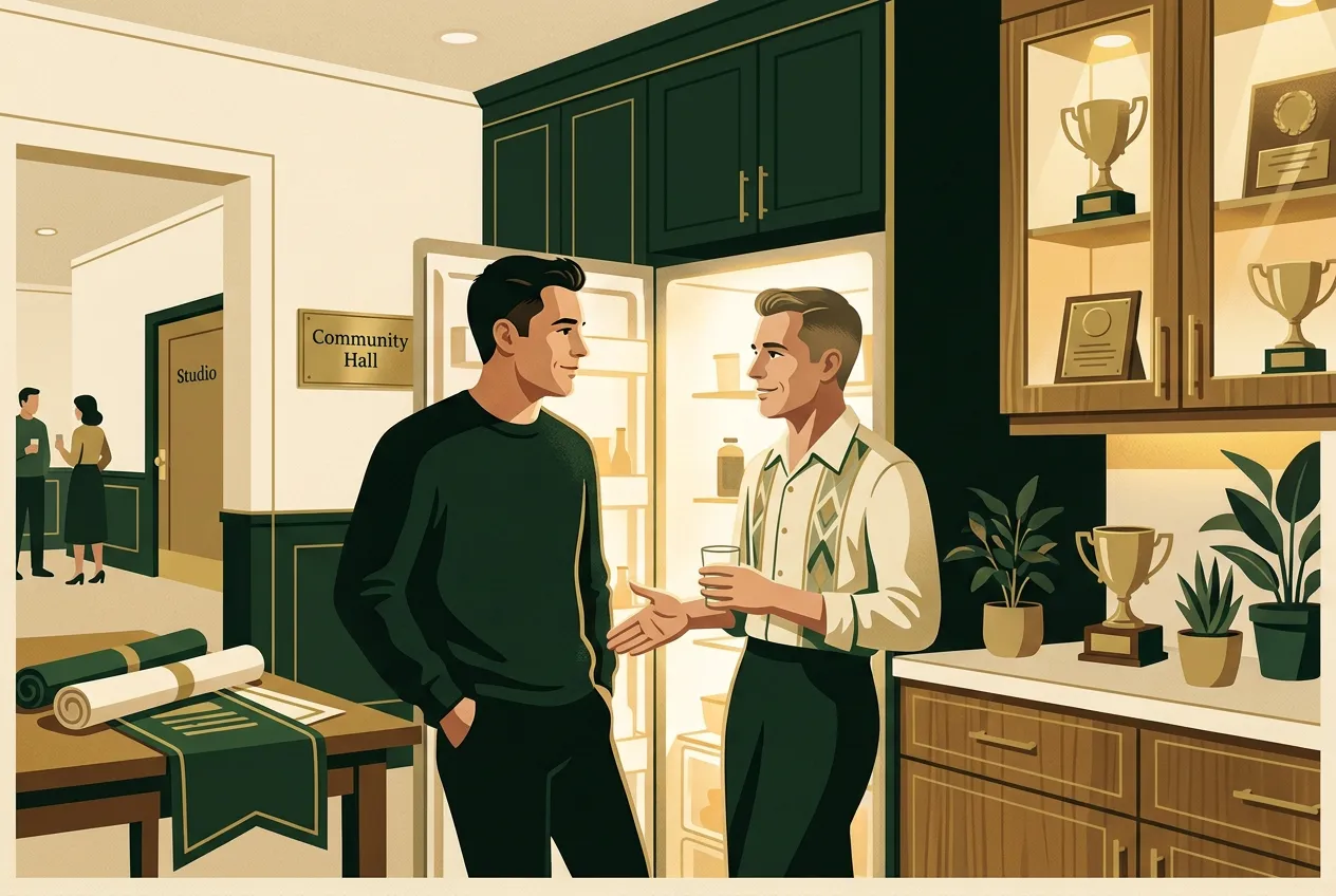 Two men introducing themselves after a class — adult friendship as a system.