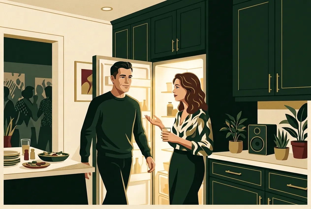 A man crossing a party threshold toward a woman — three seconds, then move.