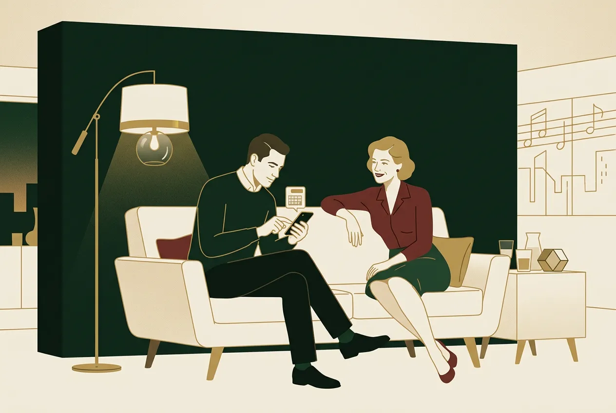 A man sending a short plan-first text on a cream couch — no novel.