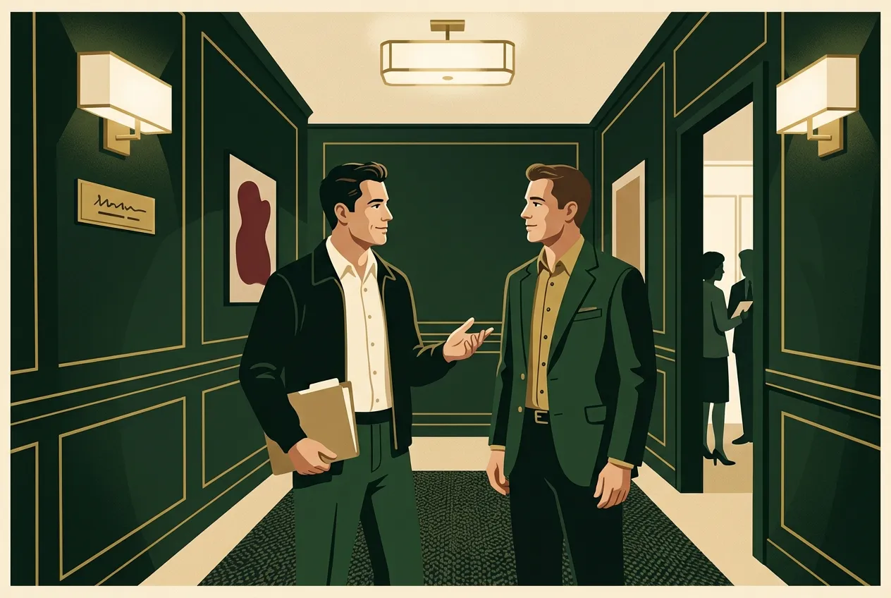 Two men in a hallway — honest appreciation, Carnegie manners made practical.