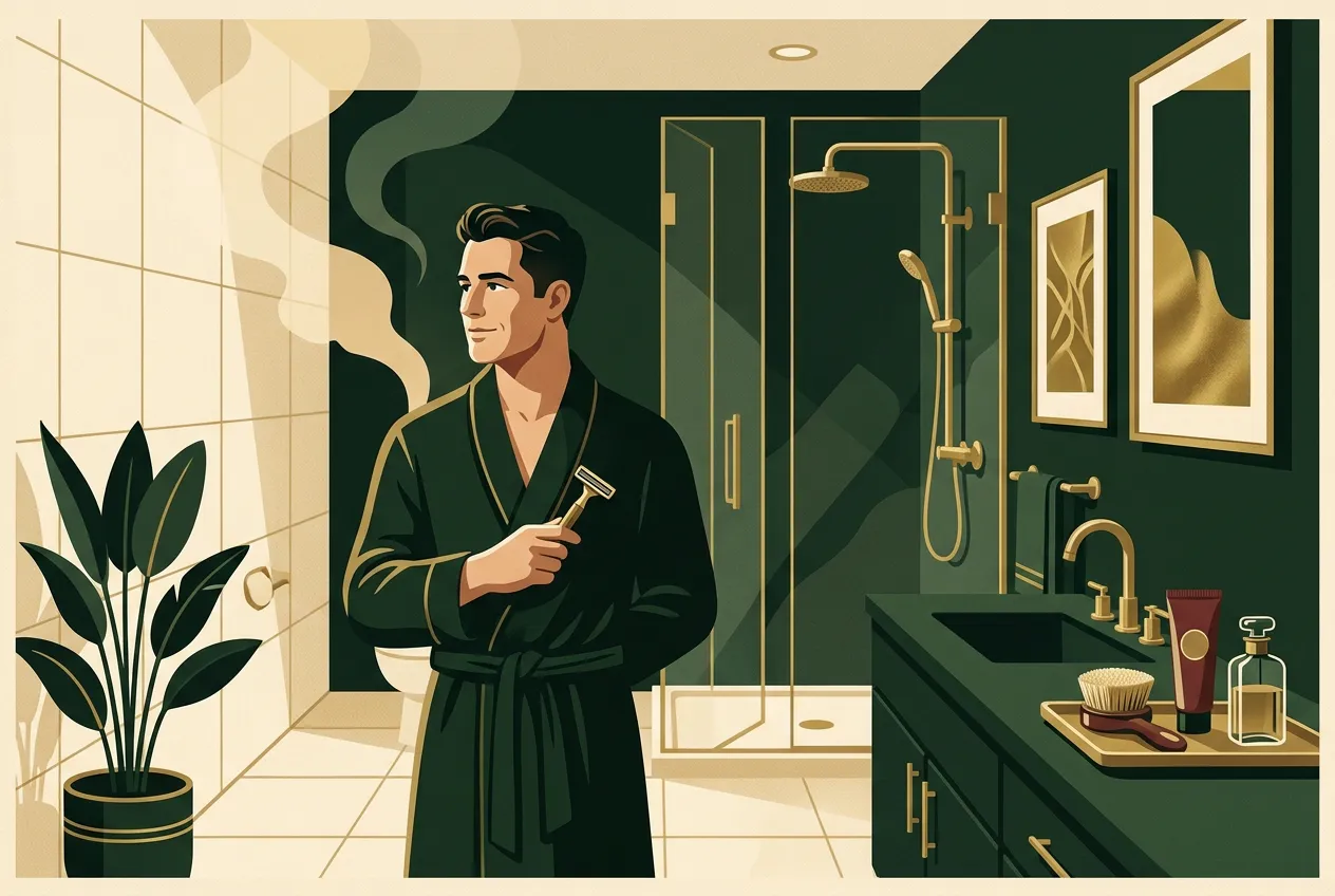 A man running a short morning hygiene stack — cream tile, brass fixtures, forest green.