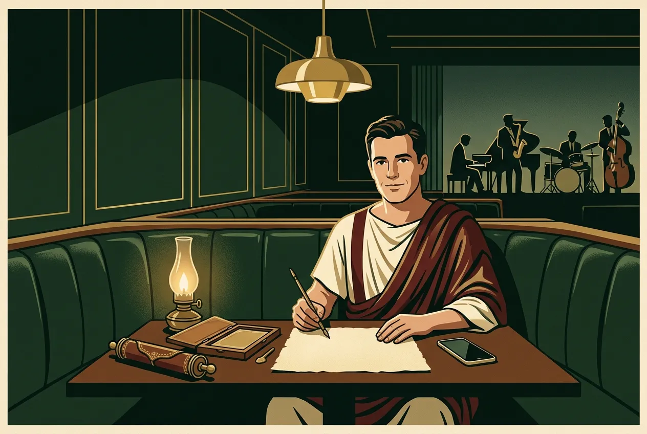 A man in a toga writing on papyrus with a stylus at a modern jazz-club table, oil lamp and phone face-down — Seneca's letters in 2026.