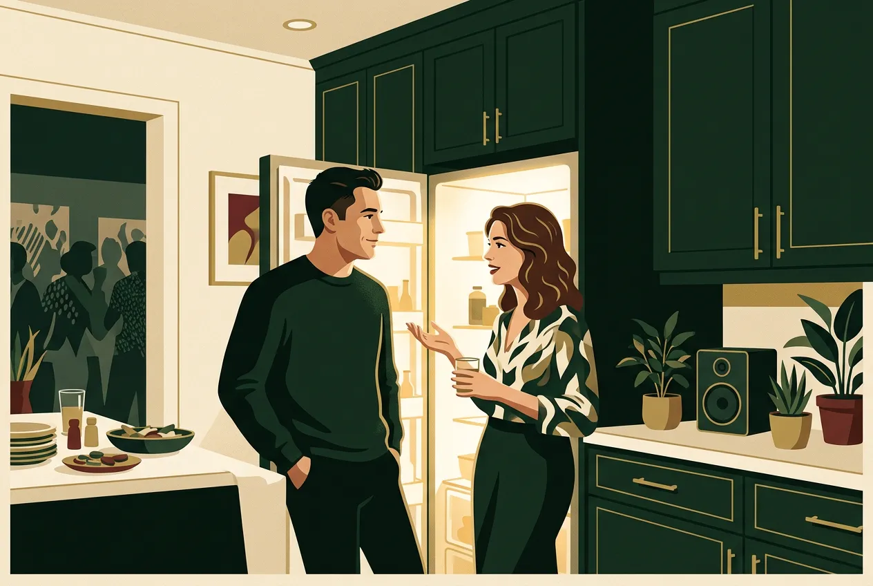 A man and a woman talking by an open fridge at a warm kitchen party — forest green cabinets, brass light, he is listening more than performing.