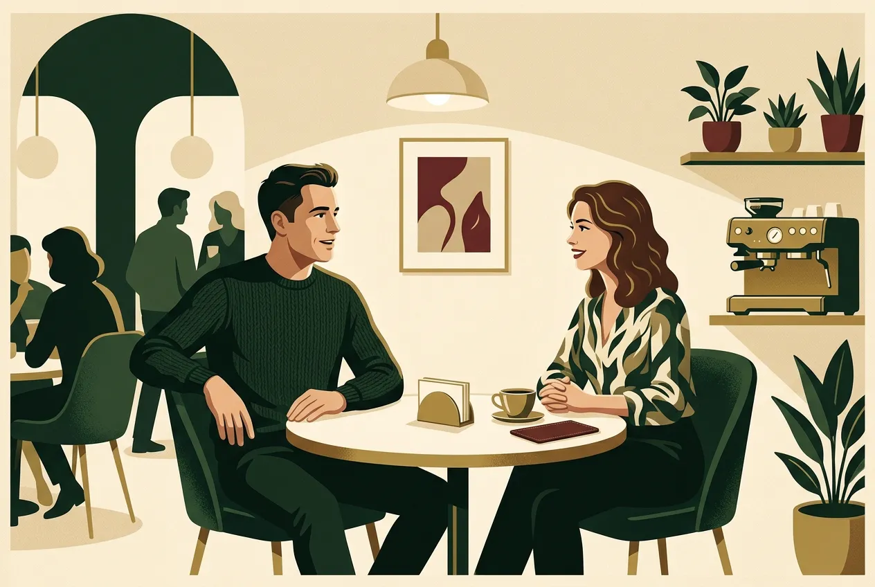 A man talking honestly with a woman at a cafe — neediness down, presence up.