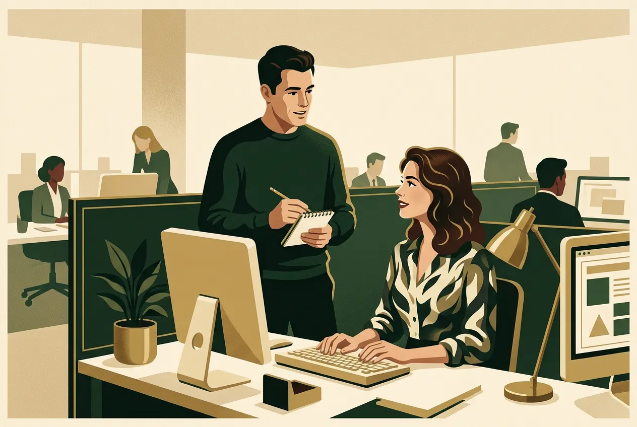 A man asking a clarifying question on a new job — calm first weeks.
