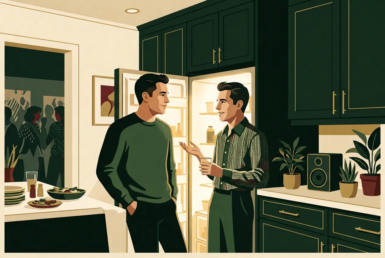 Two men connecting after a social hobby session — same people weekly.
