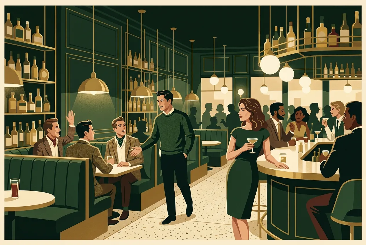 A man with a full social table at a bar — social proof as a warm room.