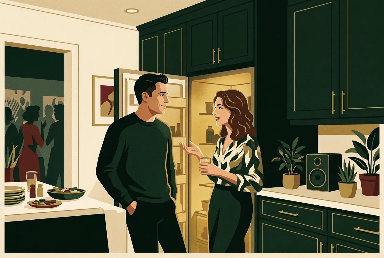 A man looking outward at a party toward a woman — awkwardness shrinking.