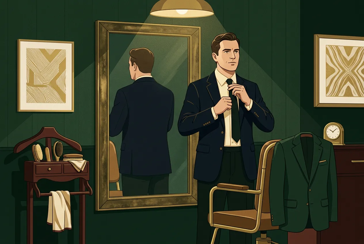 A man knotting a tie in a brass-framed mirror in a forest-green dressing room — fit and a weekday uniform, not a costume.